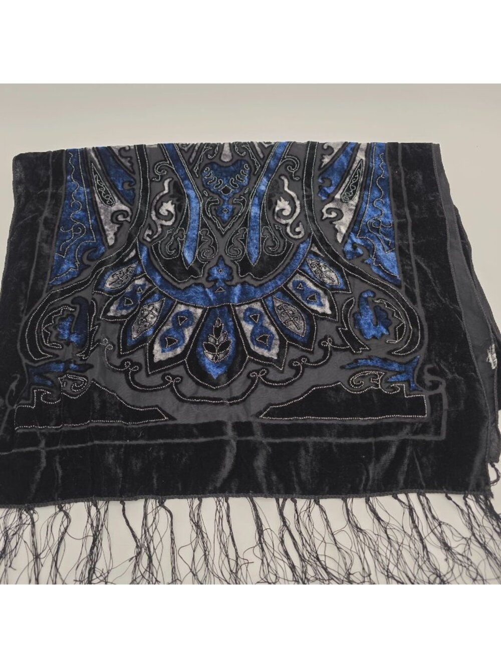 Velvet Embroidered Black & Blue Paisley Scarf With Fringe 20"x62"